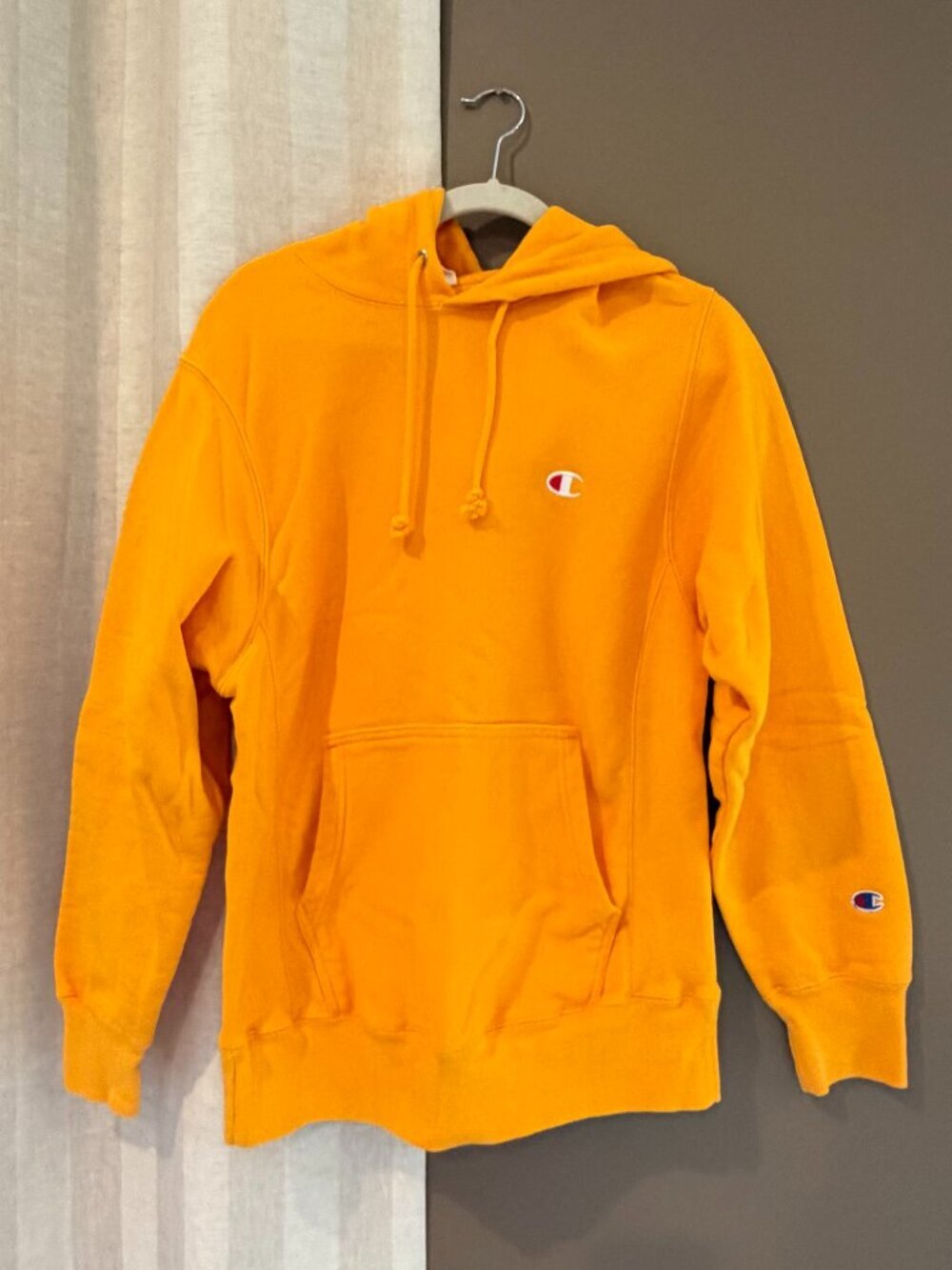 Champion Yellow Gold Reverse Weave Hoodie Logo Classic, Size Small